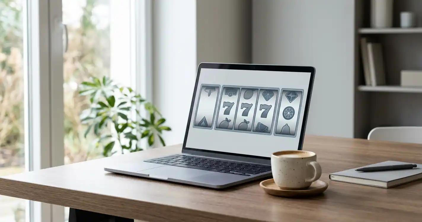 Spieler an einem Laptop mit neutraler Casino-Oberfläche auf dem Bildschirm in minimalistischer Arbeitsumgebung