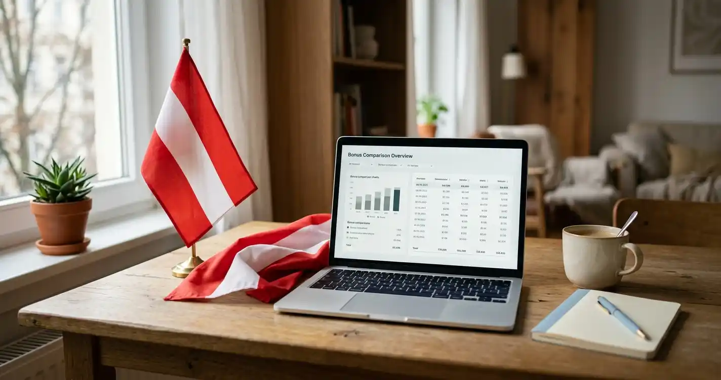 Österreichische Flagge und Laptop mit Casino-Bonusübersicht auf hellem Schreibtisch
