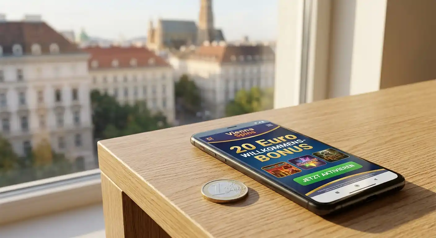 Smartphone mit Casino-Bonusangebot und Euro-Symbol auf einem Schreibtisch in Wien