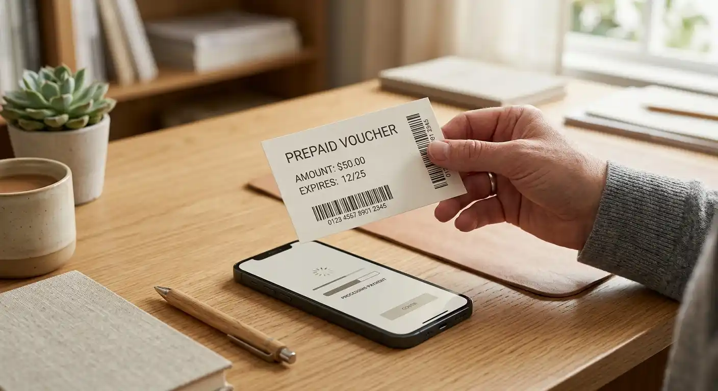 Hand mit generischem Prepaid-Voucher und Smartphone mit neutraler Bezahloberfläche