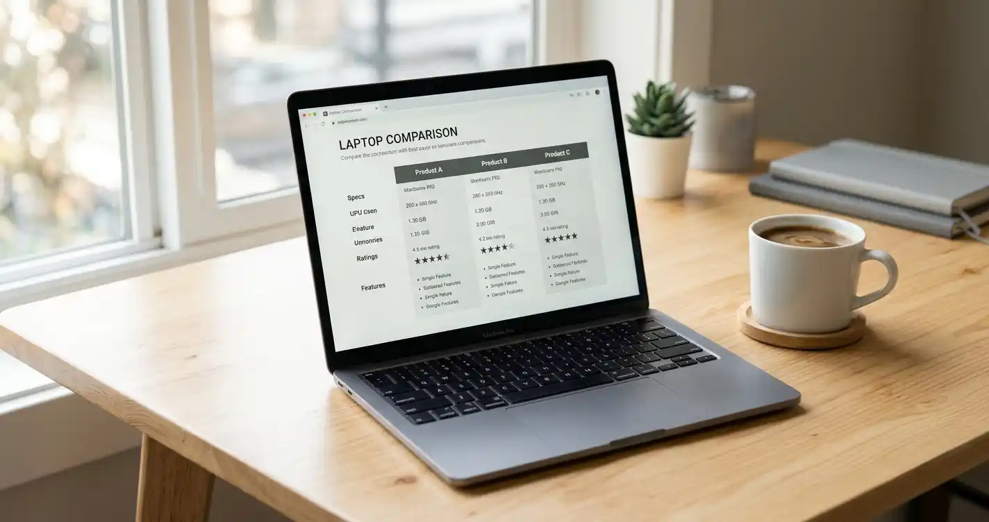 Laptop auf einem hellen Schreibtisch mit einer neutralen Casino-Vergleichsseite und einem Kaffeebecher