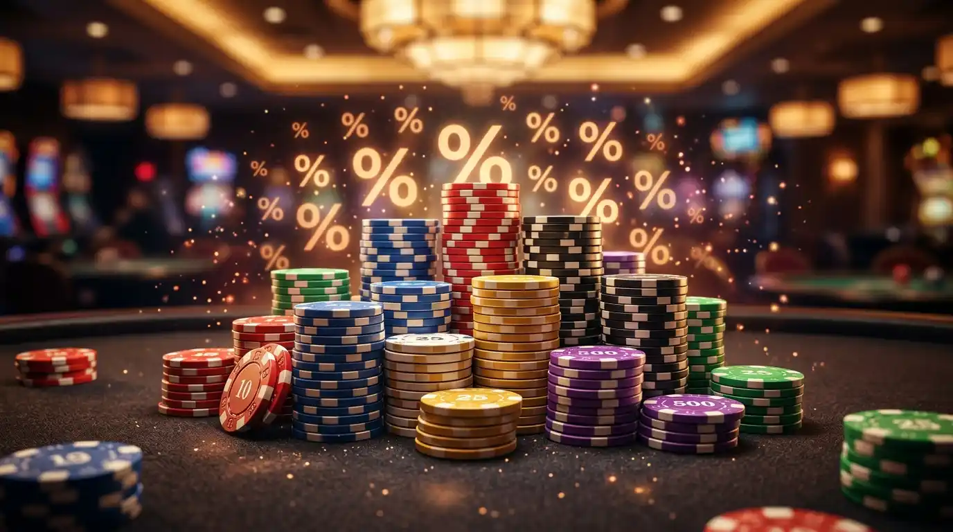 Willkommensbonus-Banner mit Chip-Stapeln und Prozentsatz-Symbolen