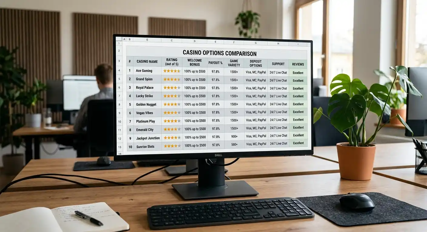 Vergleichstabelle mit zehn Cardano-Casino-Optionen auf einem Monitor