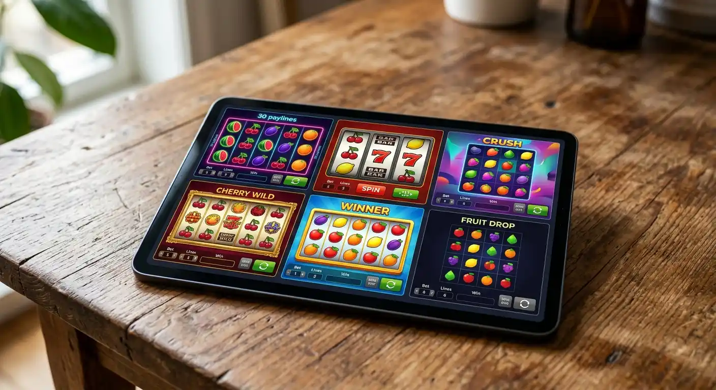 Tablet mit Grid-Ansicht verschiedener bunter Fruchtslot-Spiele als Sizzling Hot Alternativen