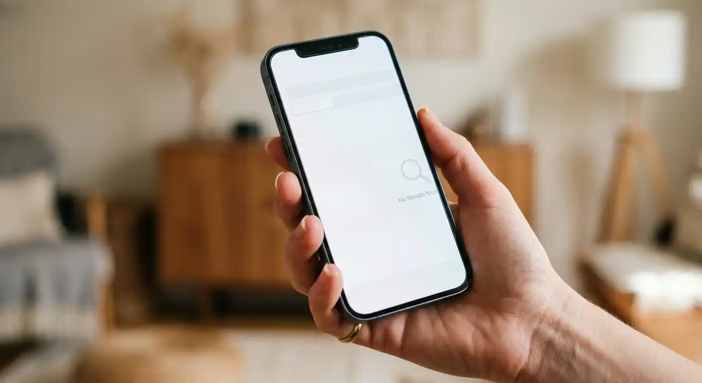 Hand mit Smartphone vor App-Store-Suchmaske ohne Treffer für Glücksspiel