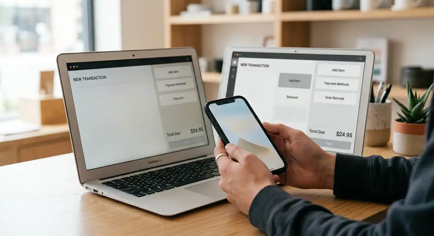 Einrichtung der Apple Pay Wallet auf dem iPhone neben Laptop im Casino-Kassenbereich
