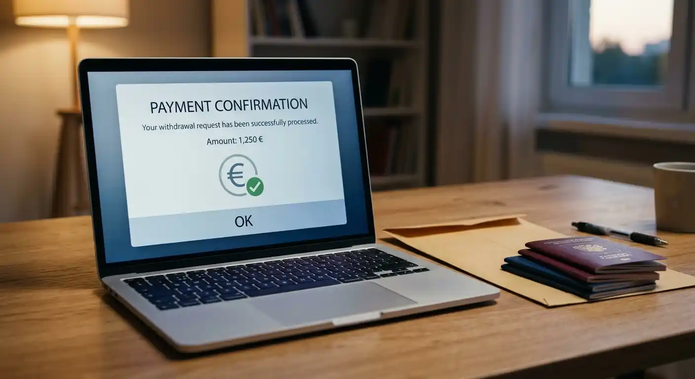 Laptop zeigt generische Auszahlungsbestätigung neben verschlossenem Umschlag und Ausweisdokumenten