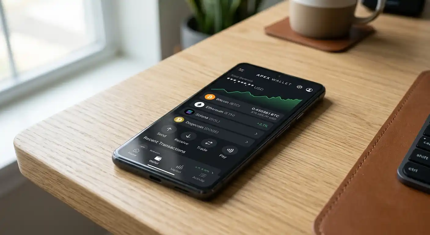 Smartphone mit Krypto-Wallet und E-Wallet-App-Symbolen auf dem Display