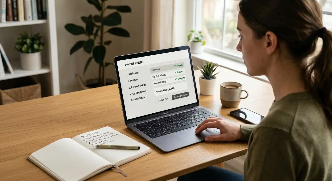 Schrittweiser Ablauf einer Auszahlung ohne Verifizierung am Laptop