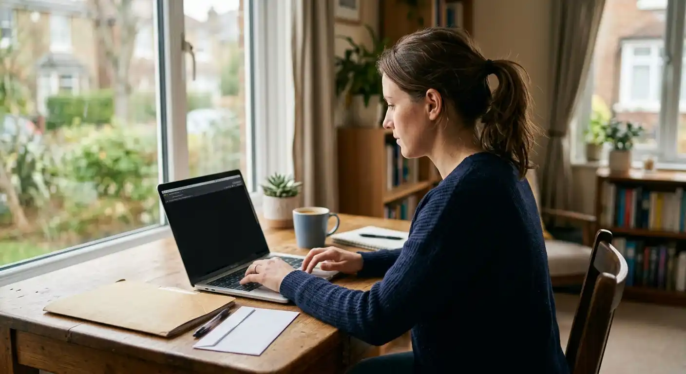 Person am Laptop mit Dokumentenmappe auf dem Tisch
