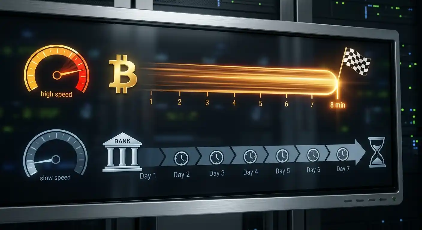 Auszahlungsgeschwindigkeit im Vergleich: Krypto in 8 Minuten versus Banküberweisung in 5 Tagen