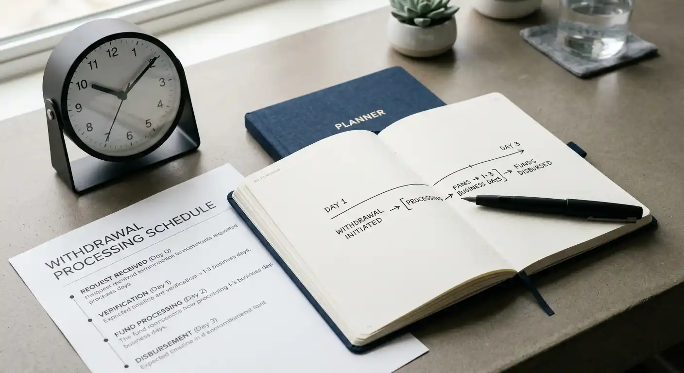 Uhr und Kalender neben Dokument mit Auszahlungs-Timeline