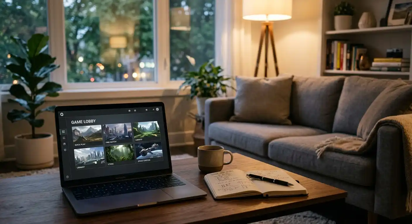 Laptop mit neutraler Spielauswahl und Notizbuch im Wohnzimmer