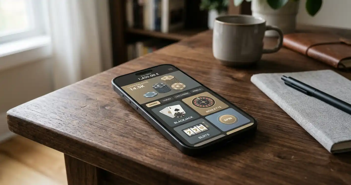 Smartphone mit Echtgeld-Casino-App und abstrakten Chips auf dunklem Holztisch
