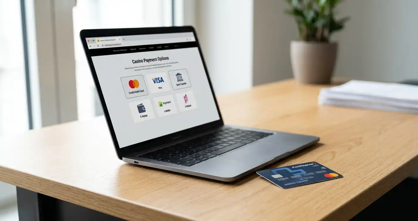 Postfinance-Karte neben Laptop mit Casino-Zahlungsseite auf dem Bildschirm