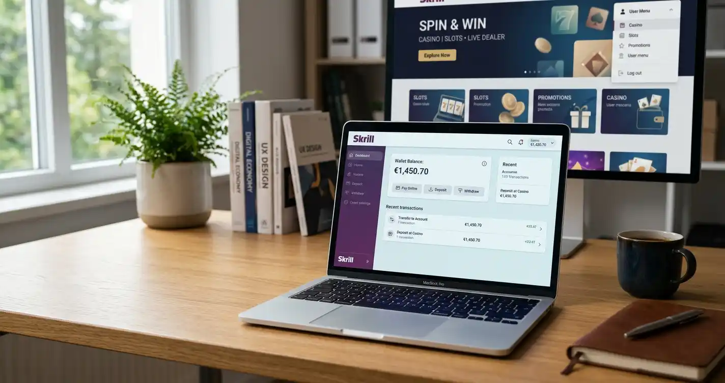 Skrill E-Wallet auf Laptop-Bildschirm mit österreichischem Casino-Interface
