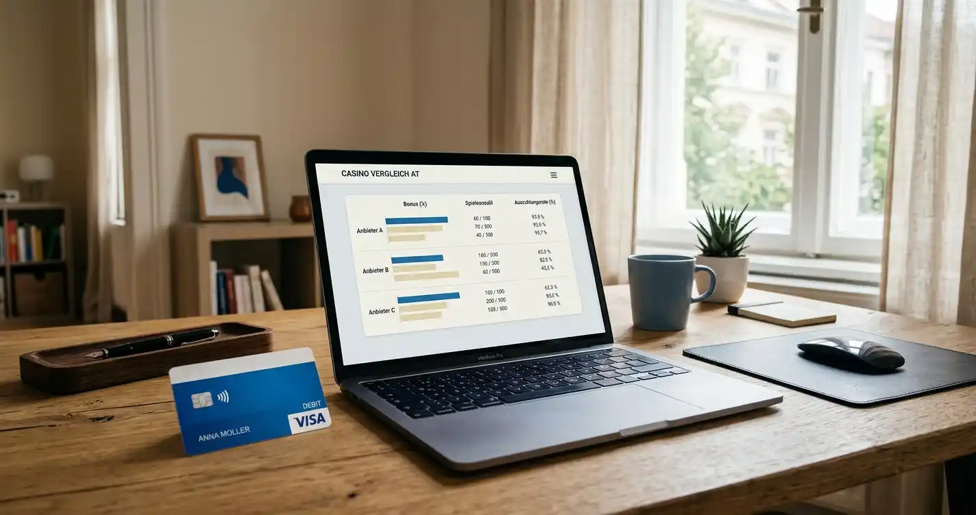 Visa-Karte und Laptop mit Casino-Vergleich auf österreichischem Schreibtisch