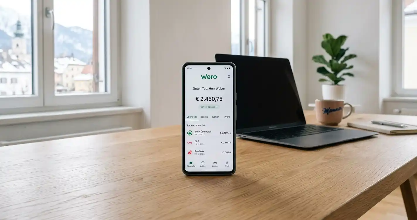 Smartphone mit Banking-App und Wero-Logo auf modernem Schreibtisch in Österreich