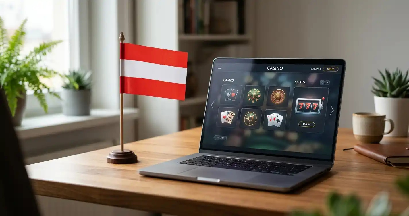 Österreichische Flagge neben einem Laptop mit neutraler Casino-Oberfläche auf einem Schreibtisch