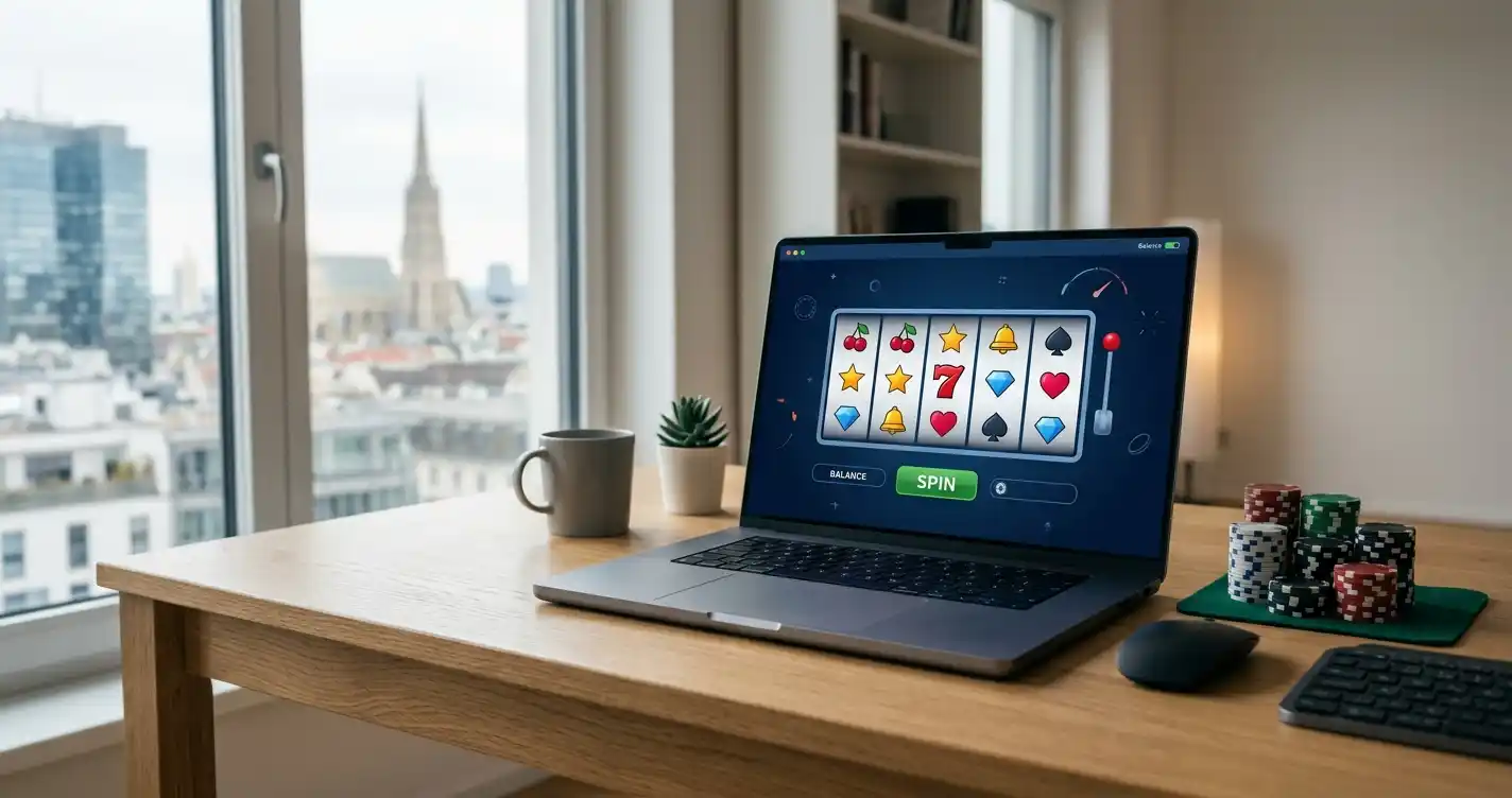 Beste Online Casinos ohne Limit für österreichische Spieler — Gaming-Setup mit Casino-Interface, Poker-Chips und österreichischer Stadtkulisse