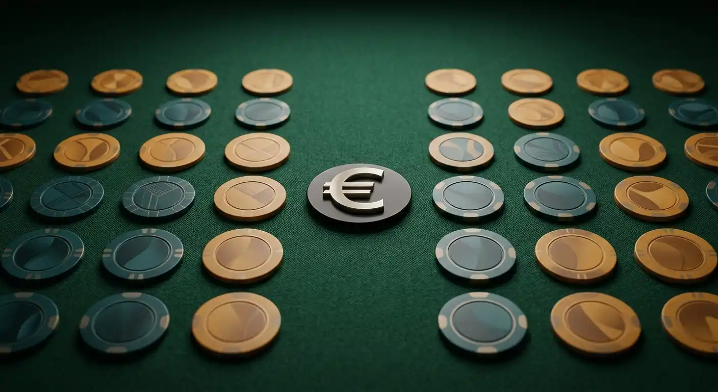 Abstrakte Casinochips mit Eurosymbol in geordneten Reihen auf dunklem Filz