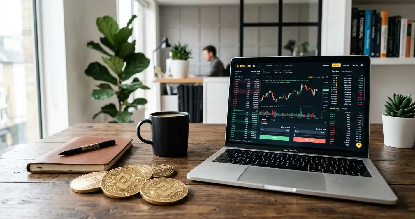 BNB Casino Vergleich mit Laptop und Binance Coin Symbolen auf modernem Schreibtisch