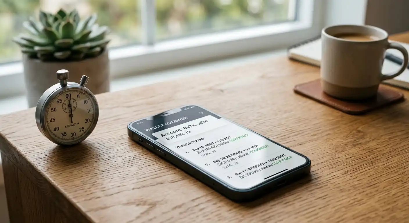 Smartphone mit Krypto-Wallet und BNB-Transaktion auf Bildschirm, Stoppuhr daneben