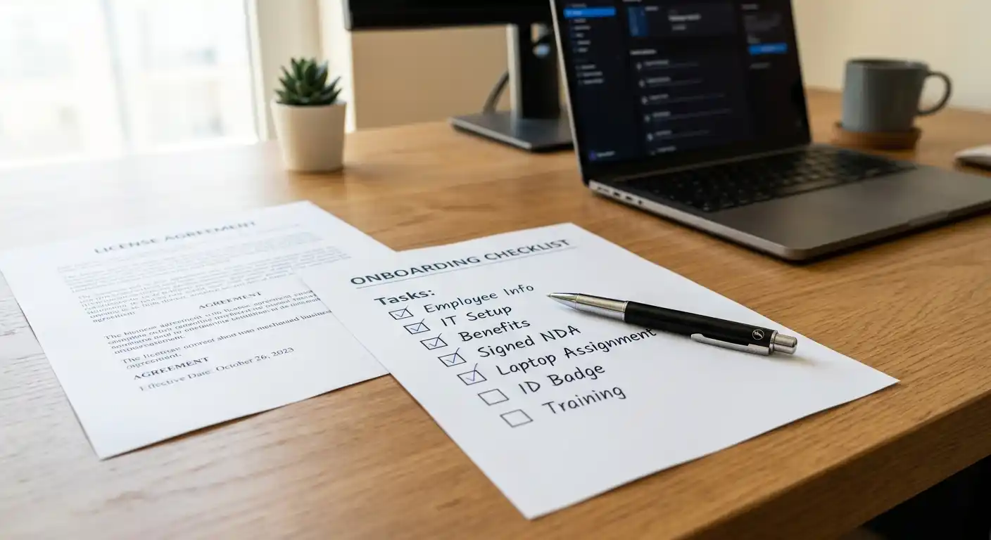 Checkliste auf Papier mit Stift und Lizenz-Dokument auf modernem Schreibtisch