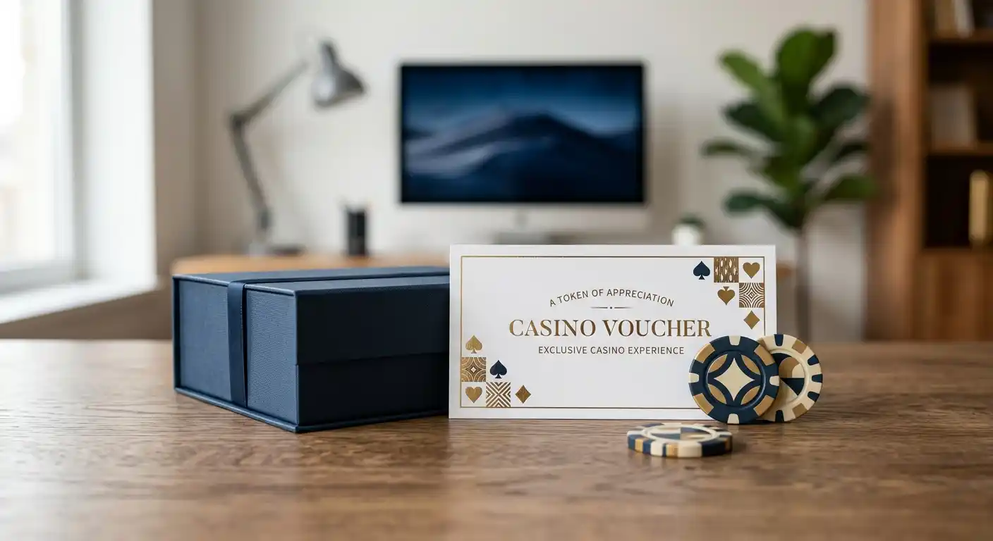 Geschenkbox mit Bonuscode-Gutschein und symbolischen Casino-Chips auf elegantem Tisch