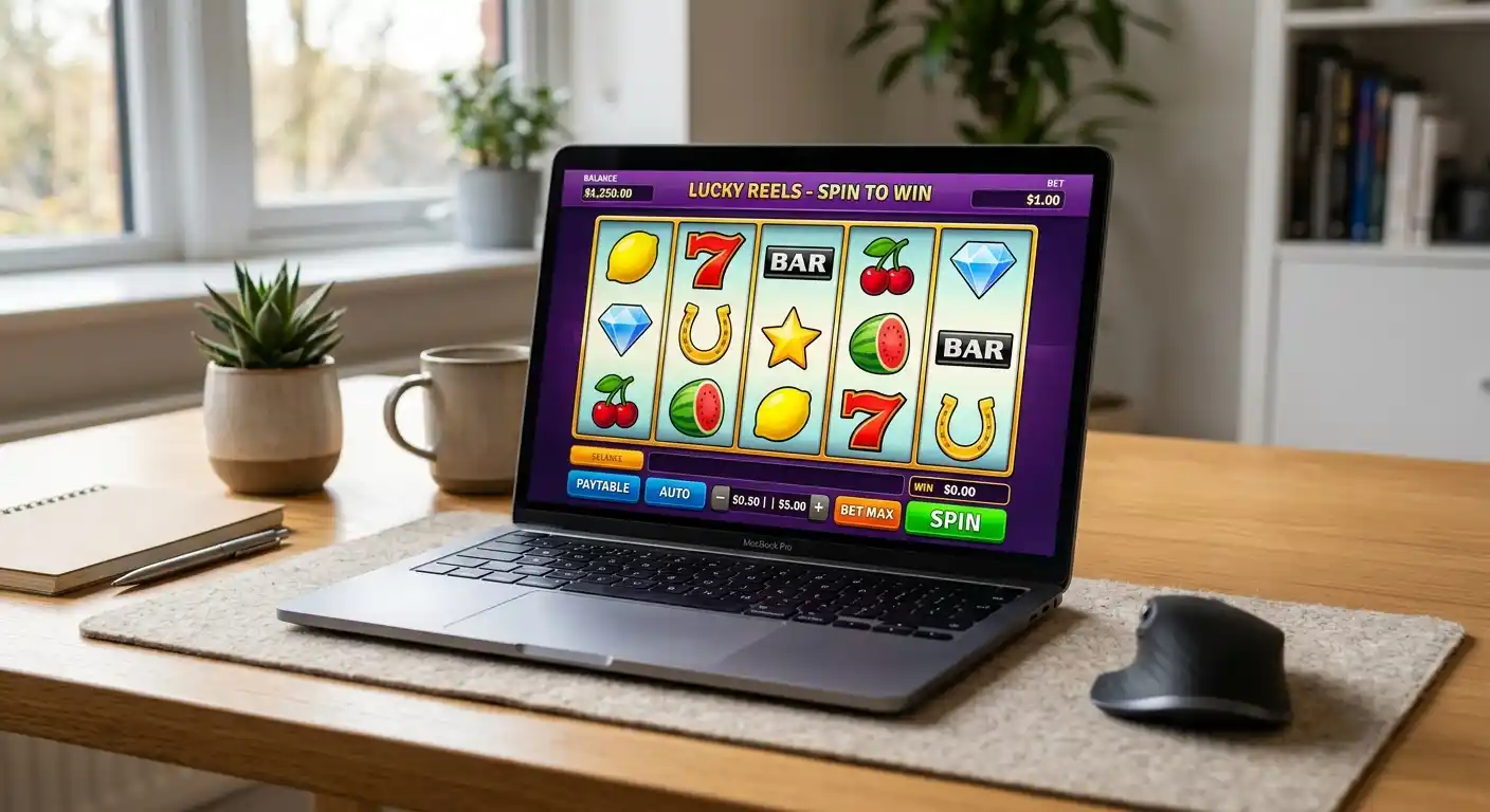 Laptop mit Casino-Spielebildschirm und verschiedenen Slot-Symbolen auf modernem Schreibtisch