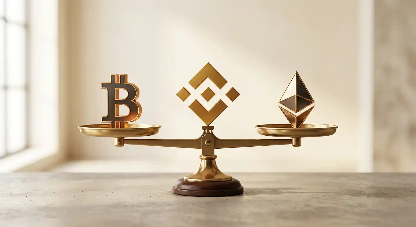 Waage mit verschiedenen Kryptowährung-Symbolen, BNB in der Mitte, neutraler Hintergrund