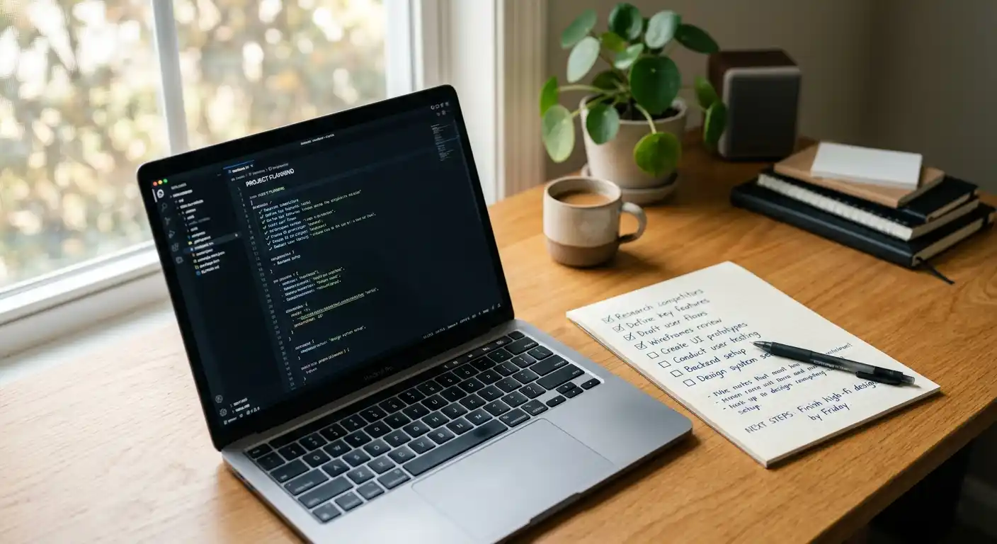 Schreibtischaufnahme mit Laptop und handschriftlicher Checkliste zur Bonusaktivierung