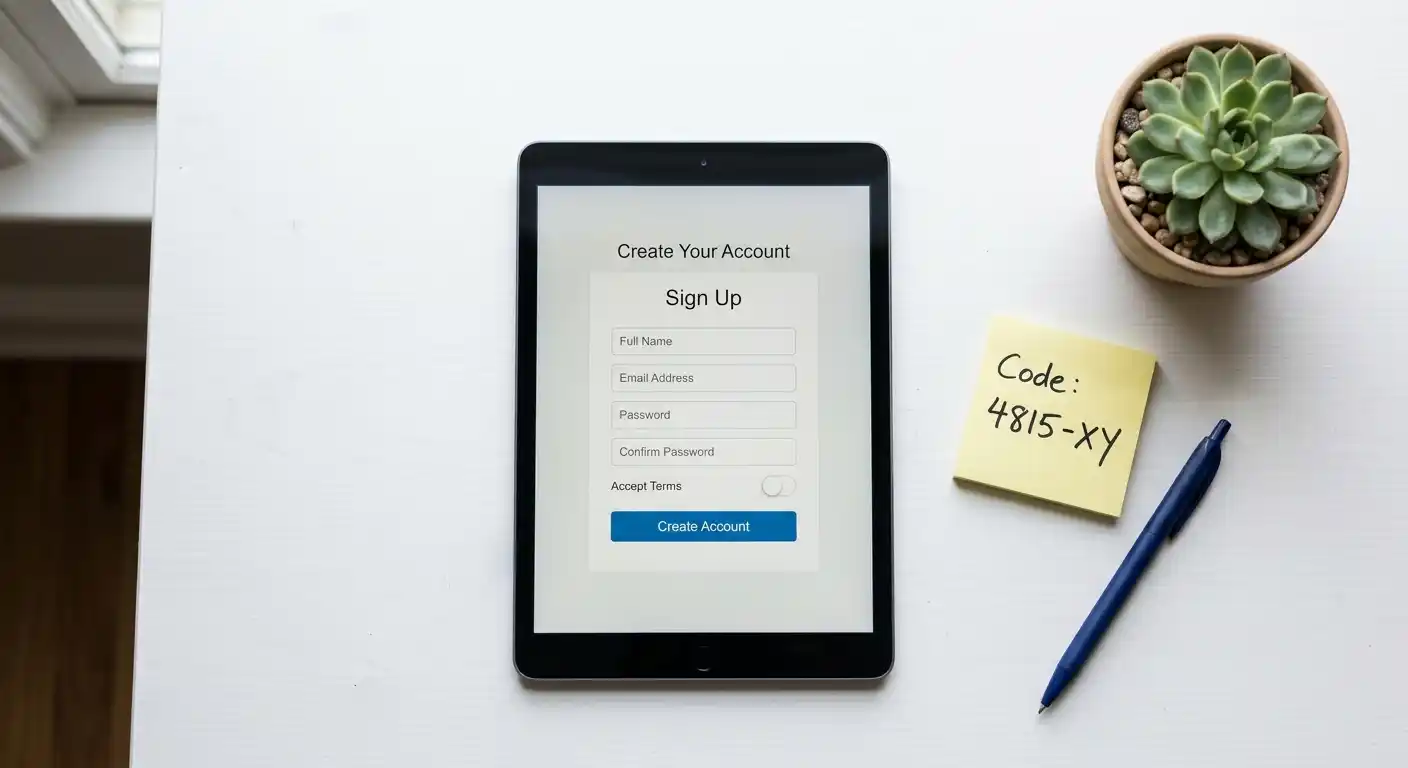 Tablet zeigt ein neutrales Registrierungsformular mit leeren Feldern und handschriftlichem Code-Zettel daneben