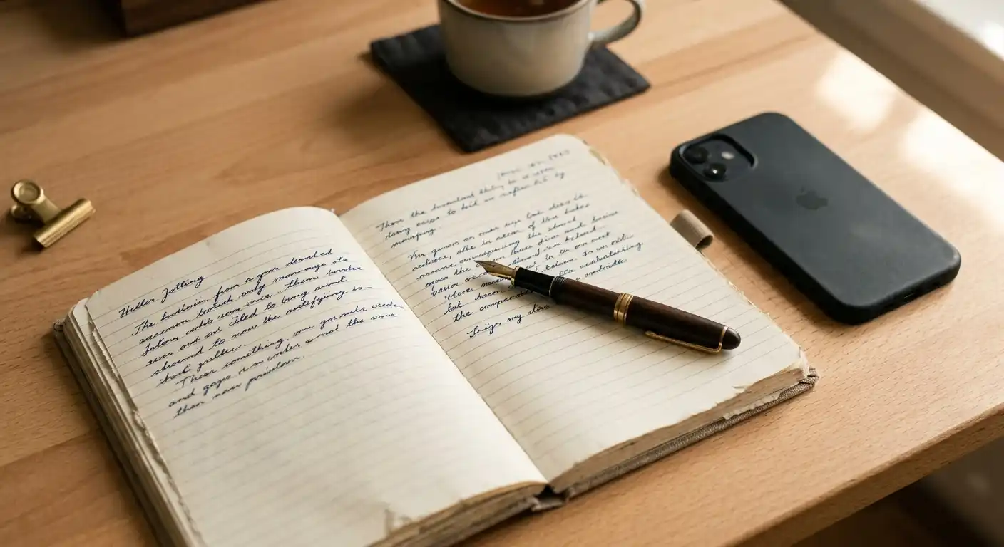 Notizbuch mit handgeschriebenen Bonusbedingungen und einem Stift daneben