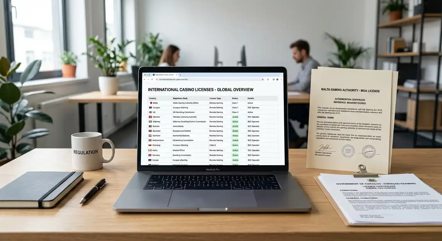 Schreibtisch mit Laptop und Liste internationaler Casino-Lizenzen MGA und Curaçao