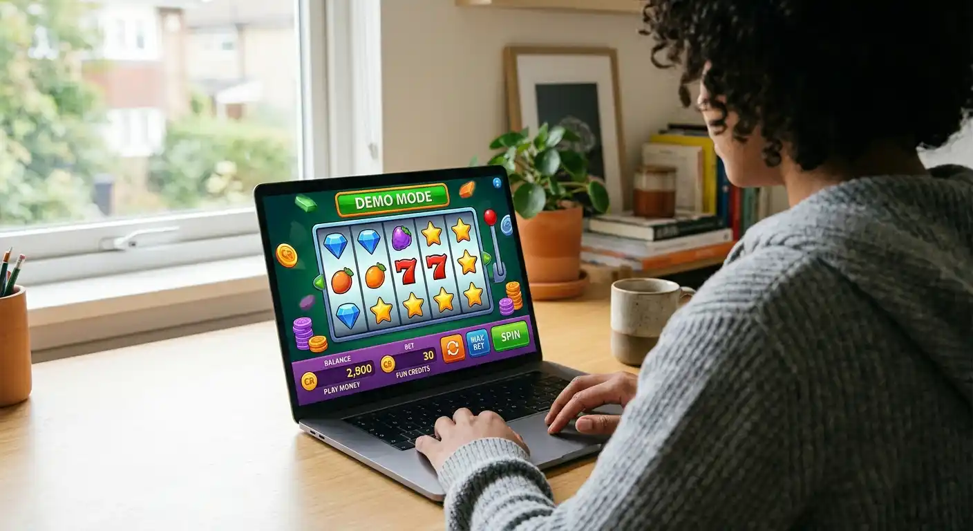 Person am Laptop mit Demo-Modus-Interface eines Spielautomaten auf dem Bildschirm