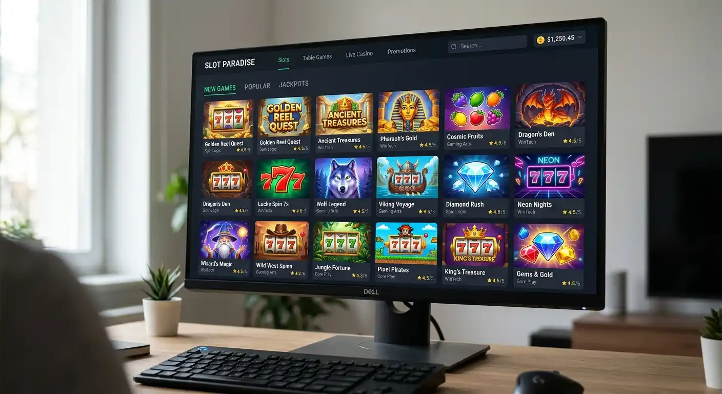 Bildschirm mit verschiedenen Spielautomaten-Logos und Provider-Namen ohne erkennbare Marken