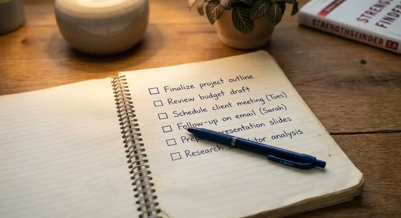 Notizblock mit sechspunktiger Checkliste und Stift