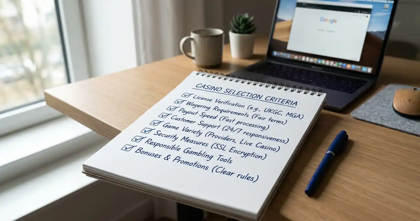 Checkliste mit Auswahlkriterien für Online Casinos auf einem Notizblock