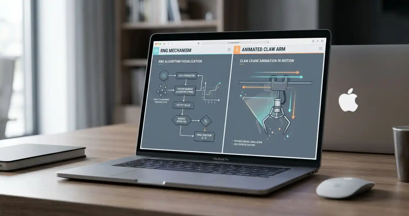 RNG-Mechanismus und Greifarm-Animation auf einem Laptop-Bildschirm