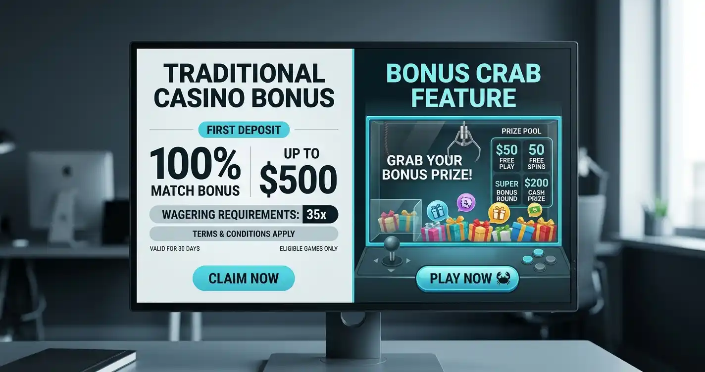 Klassischer Casino-Bonus und Bonus-Crab-Feature im direkten Vergleich auf einem Display