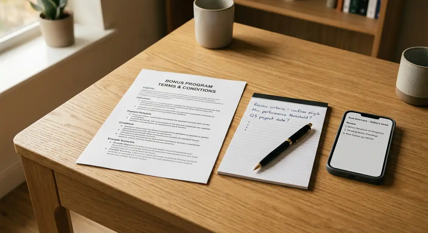 Bonusbedingungen für Freispiele auf einem sauberen Dokument mit Stift und Notizen