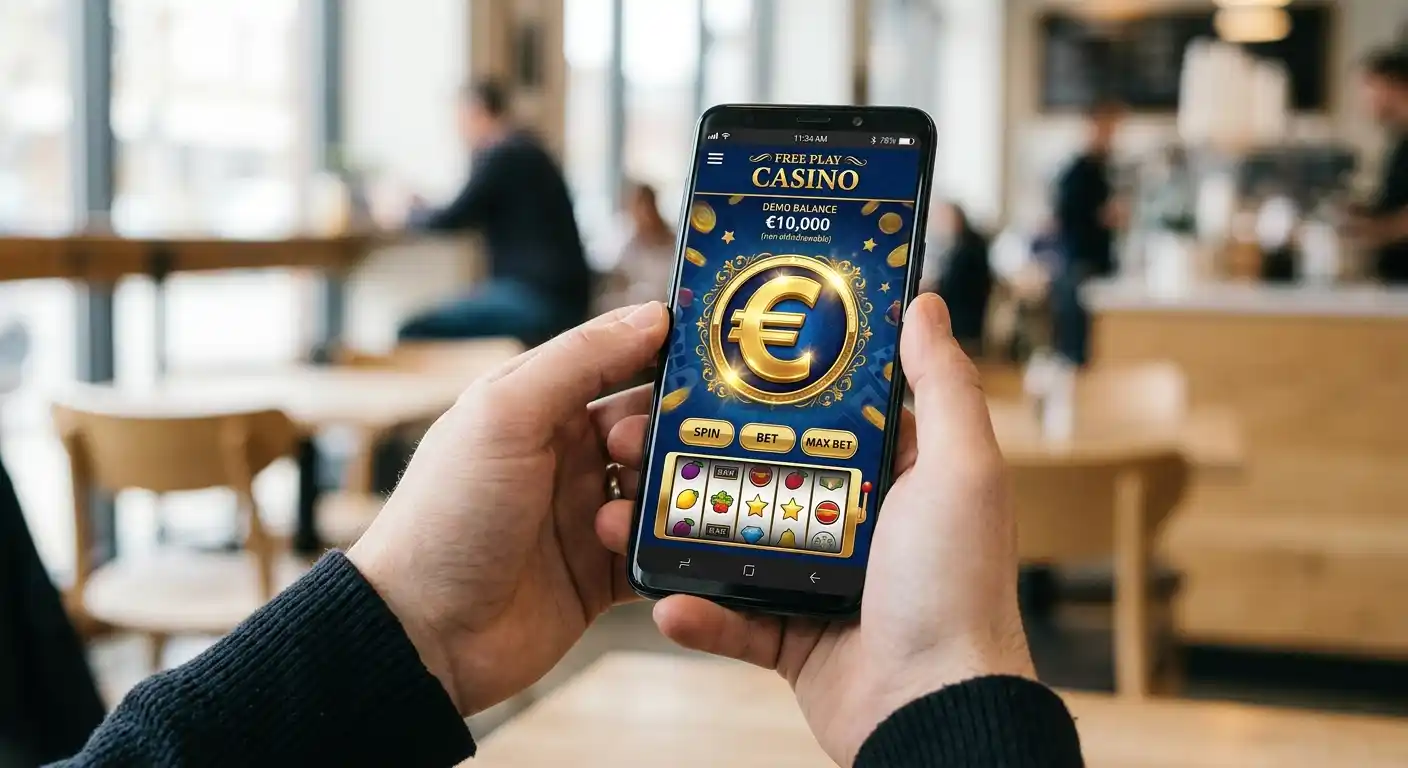 Goldenes Euro-Symbol auf einem Smartphone-Bildschirm mit generischer Casino-Oberfläche