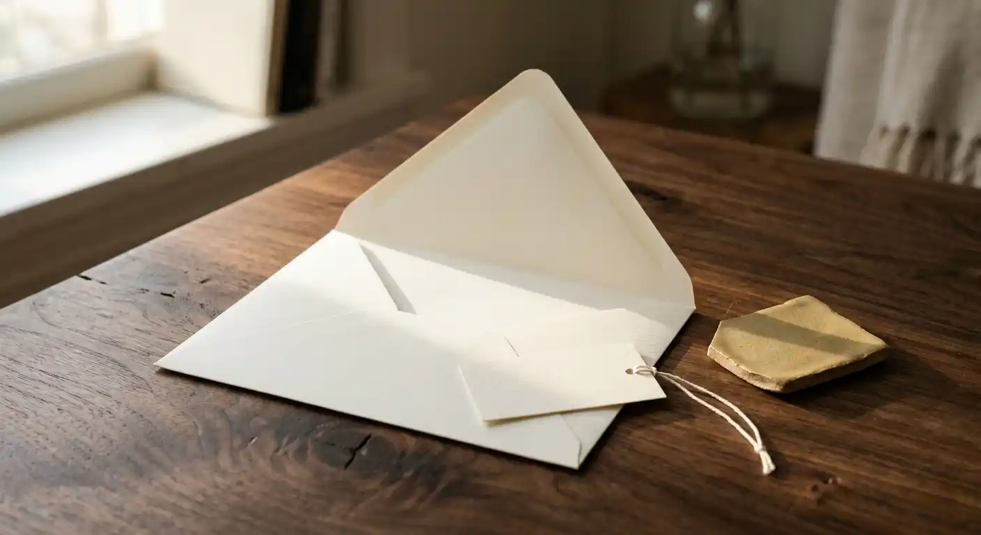 Geöffneter Umschlag mit Geschenkband und Keramikchip als Symbol für Gratisangebote