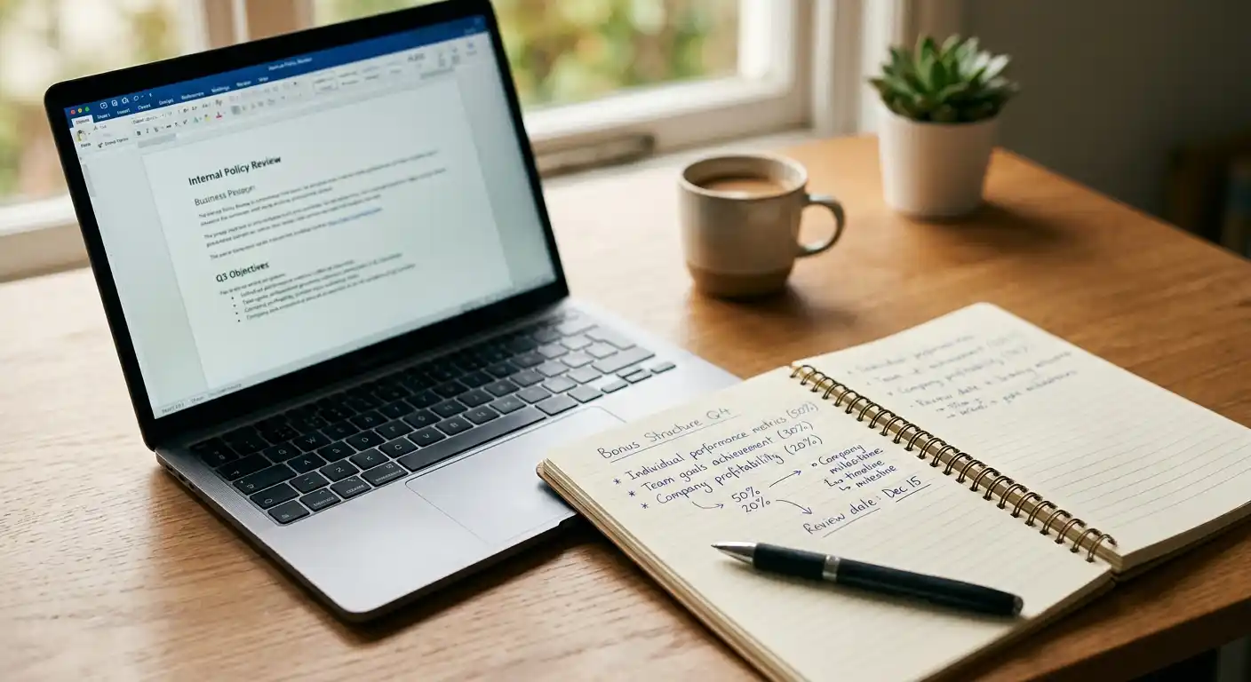Notizbuch mit handschriftlichen Umsatzbedingungen neben Laptop