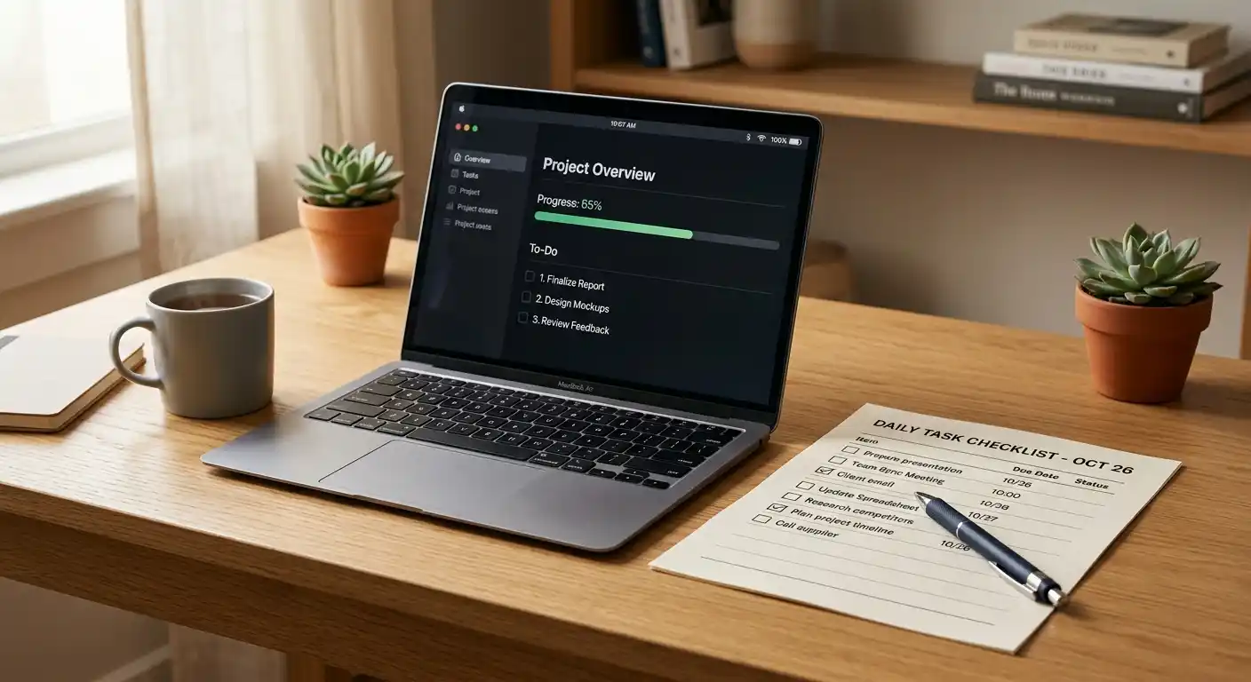Aufgeräumter Schreibtisch mit ausgedruckter Checkliste und Kugelschreiber neben einem Laptop