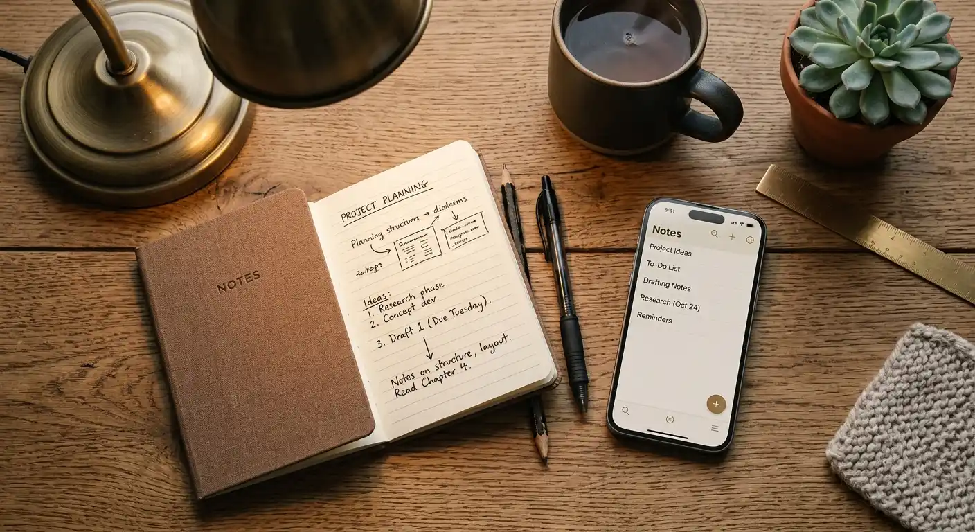Notizbuch mit handschriftlichen Umsatzbedingungen neben Smartphone