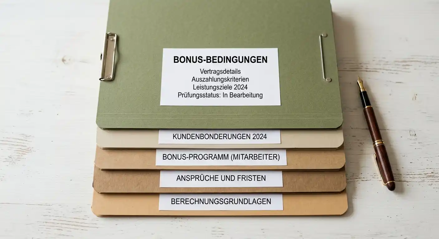 Ordner mit strukturierten Unterlagen und Stift auf hellem Schreibtisch