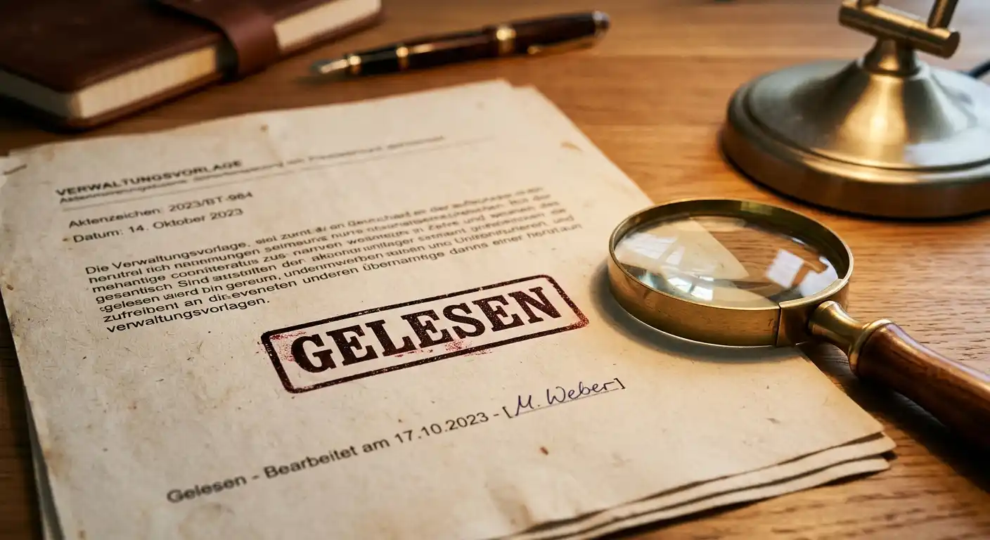 Stempelabdruck mit dem Wort „Gelesen“ auf einem gedruckten Dokument neben einer Lupe