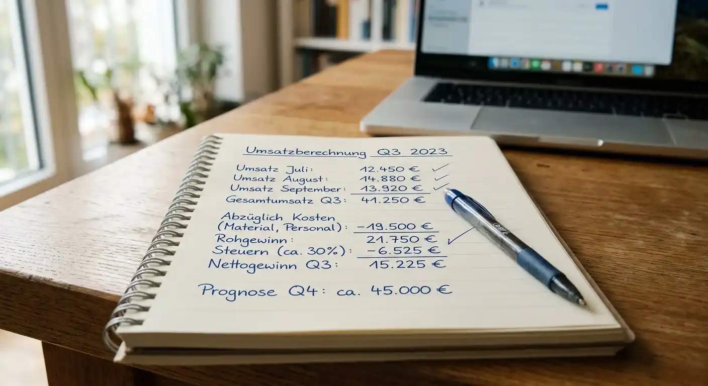 Notizblock mit handschriftlicher Aufstellung von Umsatzzahlen und ein Kugelschreiber neben einem Laptop